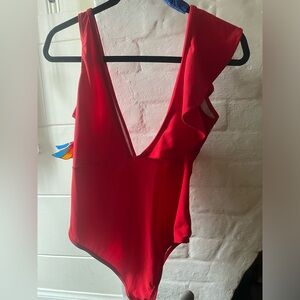 Red V Neck Ruffle One Piece Swimsuit/ bodysuit
